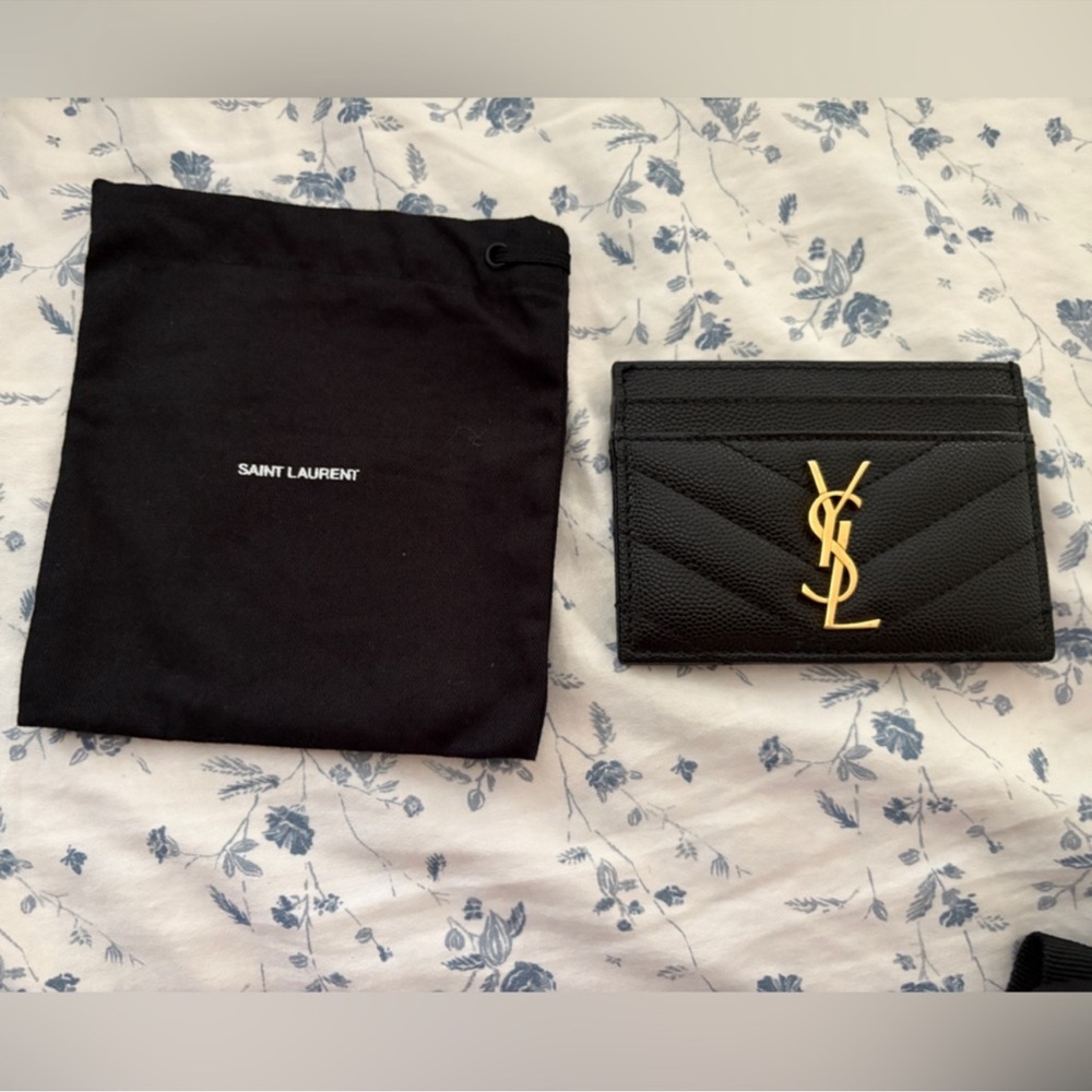 YSL Monogram Card Case in Grained Leather in Gold